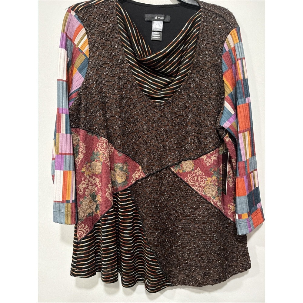 Ali Miles NWT Woman's L Mixed Media Patchwork Brown And Multicolor Bohemian Top